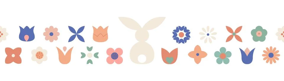 Abstract cute Easter seamless border with spring flowers, Easter bunny. Poster Illustrazione stock