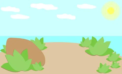 Abstract, cute, summer, simple landscape. Blue sky, clouds, sun, sea, beach. Stock-Illustration