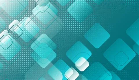 Abstract cyan background with dynamic glowing squares and halftone dots pattern Stock Illustration