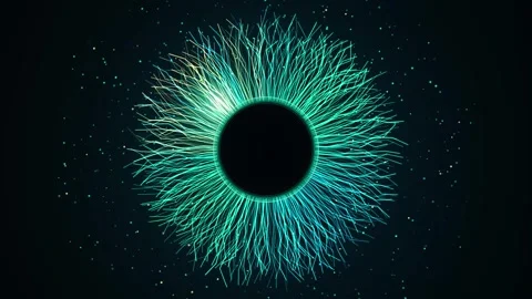 Abstract cyan blue light particles forming circular eye iris shape on dark .. Vidéo 347995497