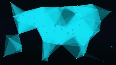 Abstract cyan blue low poly geometric plexus structure rotating on a dark black Stock Footage 346211743