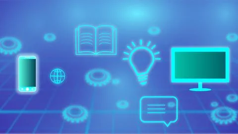 Abstract cyan color different objects background. glowing bulb, messes, boo.. Stock Illustration