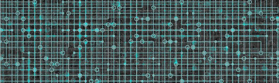 Abstract cyan digital technology background, blueprint grid with glowing ci.. Illustrazione stock