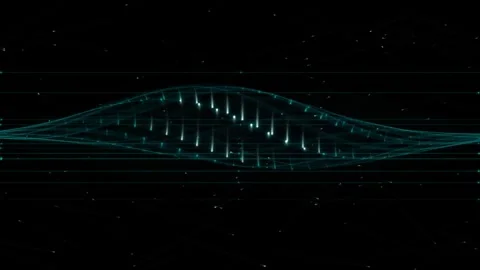 Abstract cyan digital wave oscillating in dark space with glowing particles.. Видео 343428805