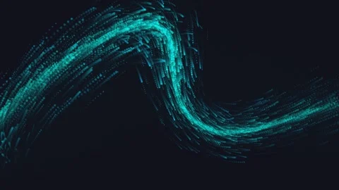 Abstract cyan particle stream flowing in wavy motion against dark black bac.. Stock Footage 340808106