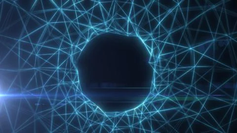 Abstract cyan wireframe network with a glowing circular portal and dark cen.. Stock Illustration