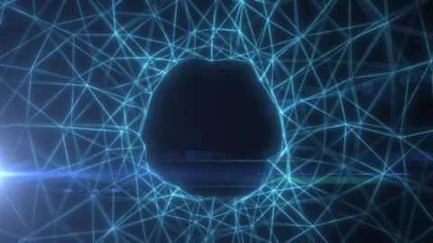 Abstract cyan wireframe network with a glowing circular portal and dark cen.. Stock Illustration