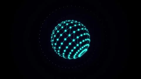 Abstract cyan wireframe sphere rotating inside dotted orbits on a black scr.. Stock Footage 345127447