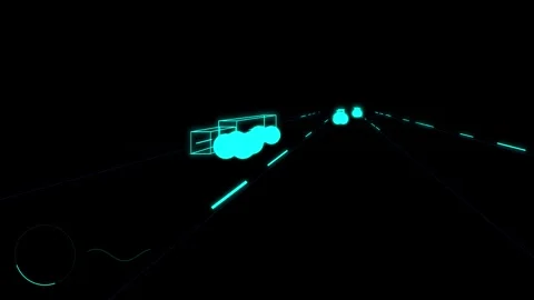 Abstract cyan wireframe vehicle driving on neon road highway against black .. Video stock 345032973