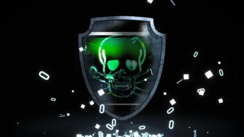 Abstract cyber attack visualization with broken digital shield and flowing data Illustrazione stock