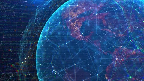 Abstract Cyber Globe Digital Network Background with Code and Data Grid Stockbeeldmateriaal 331294316