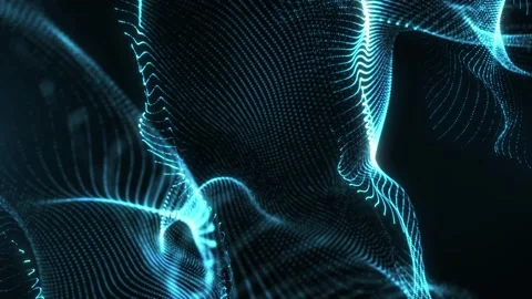 Abstract cyber glowing wave of particles and dots moving on blue background, Stock Footage 314464717