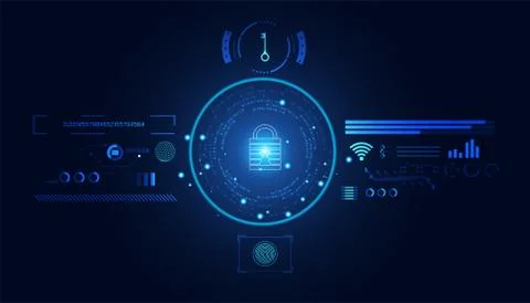 Abstract Cyber security with padlock blue hud interface icon and circle techn Illustrazione stock