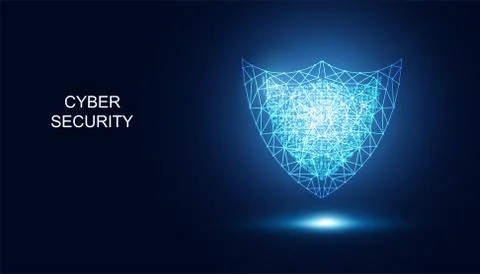 Abstract Cyber security with shield blue digital wireframe technology Future  Stockillustratie
