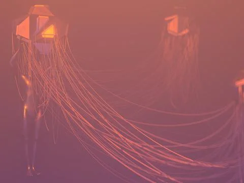 Abstract Cyberpunk 3D Rendered Wired Network Concept Stock Photos