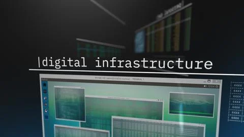 Abstract cybersecurity concept with digital infrastructure interfaces, code Illustrazione stock