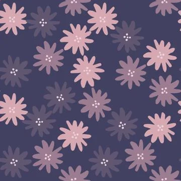 Abstract daisies flowers seamless pattern on purple background. Cute chamomil Illustrazione stock