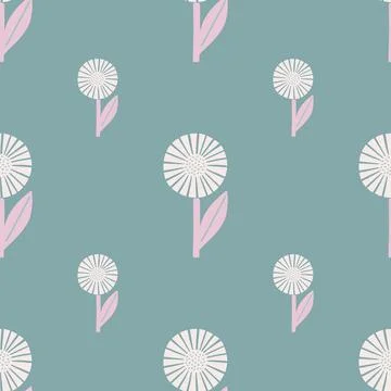 Abstract daisy flowers seamless pattern in hand drawn style. Blue background. Illustrazione stock