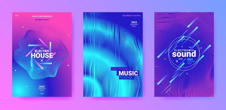 Abstract Dance Poster Set. Electronic Sound Cover. Techno Party Stock Illustration