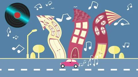 Abstract dancing city in a flat style with a vinyl plate instead of the sun w Stock Illustration