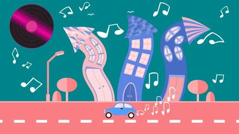 Abstract dancing city in a flat style with a vinyl plate instead of the sun w Stock Illustration