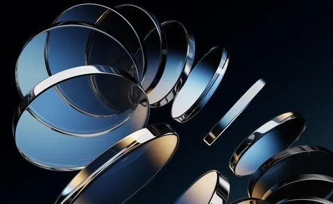 Abstract dark 3d background with neon glass circle disc and blue brown gradient 스톡 일러스트