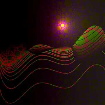 Abstract dark background with circles, wavy lines, luminous object. Stock Illustration