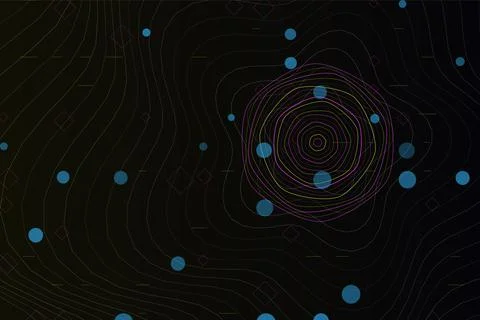 Abstract dark background with concentric circles and scattered blue dots an.. 스톡 일러스트