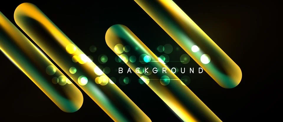 Abstract dark background features glowing neon lines, circles. Dynamic Stock Illustration