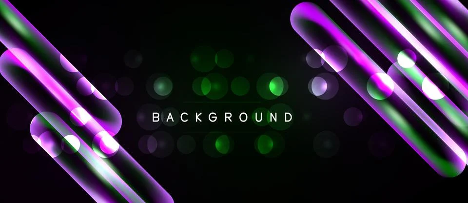 Abstract dark background features glowing purple lines, green bokeh effects. Stock Illustration