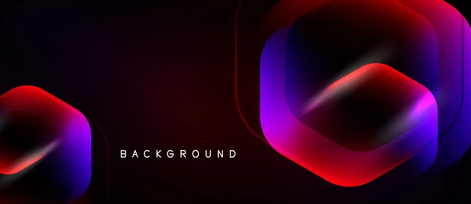 Abstract dark background features layered hexagons. Vibrant red, purple, blue Stock Illustration