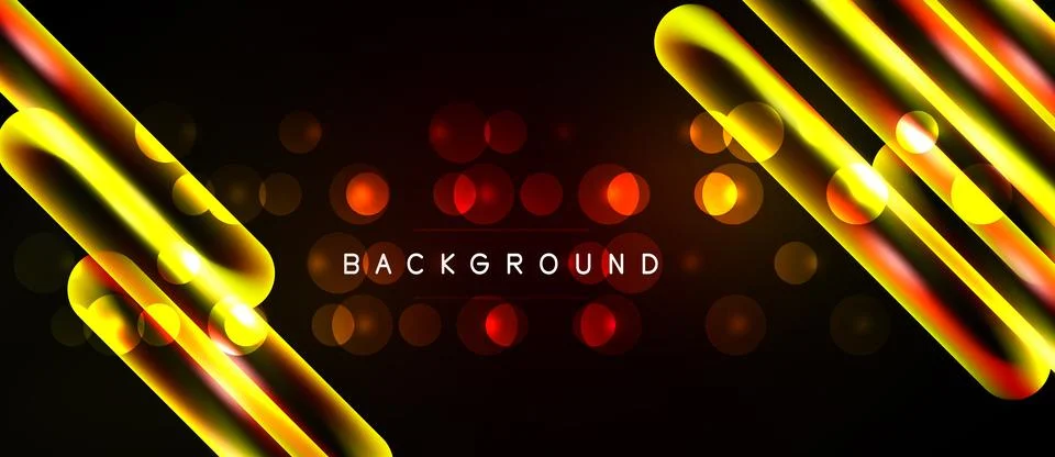Abstract dark background features vibrant yellow lines, red bokeh effects. Te Stock Illustration