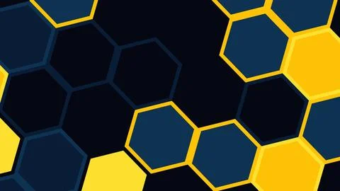 Abstract dark background filled with interconnected blue and yellow hexagons  Иллюстрация