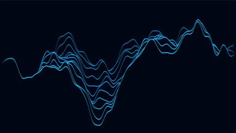 Abstract dark background with glowing blue digital sound wave and technolog.. Stock Illustration