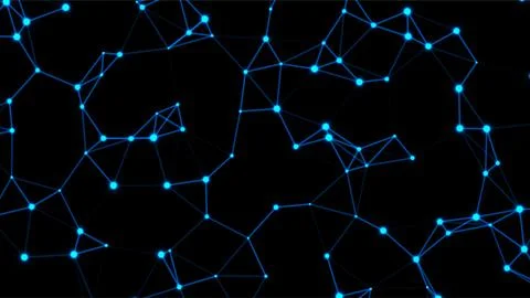 Abstract Dark Background with Glowing Blue Network Nodes Connected by Lines.. Ilustración de archivo