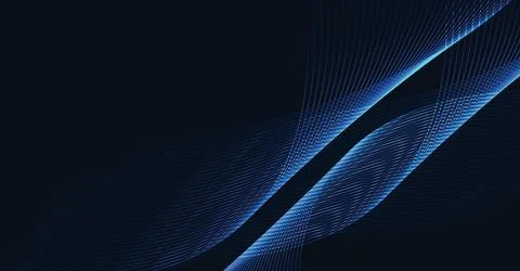 Abstract dark background with glowing blue digital light lines forming a flowing Stock Illustration
