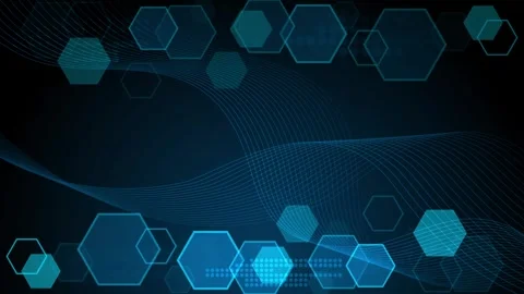 Abstract dark background with glowing turquoise hexagons and flowing wavy l.. Stock Footage 334743328