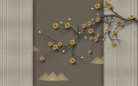 Abstract dark background, light vertical screen, thin branch with golden roses Stock Illustration