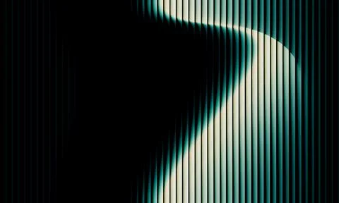 Abstract dark background with vertical stripes and glowing teal wavy light .. Stock-Illustration