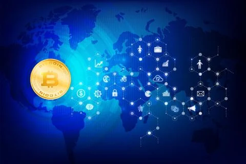 Abstract dark blue background bitcoin concept with print circuit board world Stock Illustration