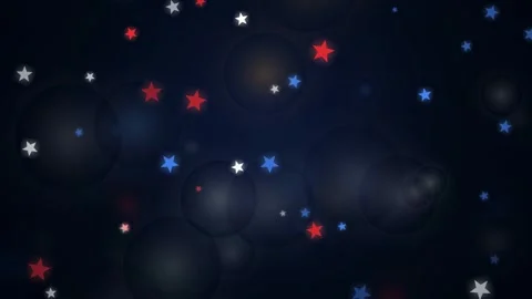 Abstract dark blue background with floating red and white stars and soft bokeh 库存影片 346208728