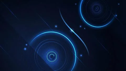 Abstract dark blue background with glowing neon circles and light streaks Stock Illustration