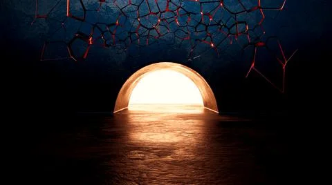 Abstract dark blue background. Magic door in the wall. A bright light shining Stock-Illustration