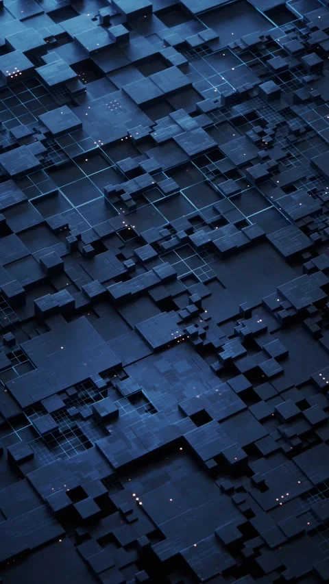 Abstract dark blue digital architecture with moving geometric blocks and gl.. 스톡 동영상 327114445