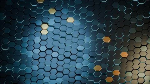 Abstract dark blue hexagon background with glowing golden accents for moder.. Stock Illustration