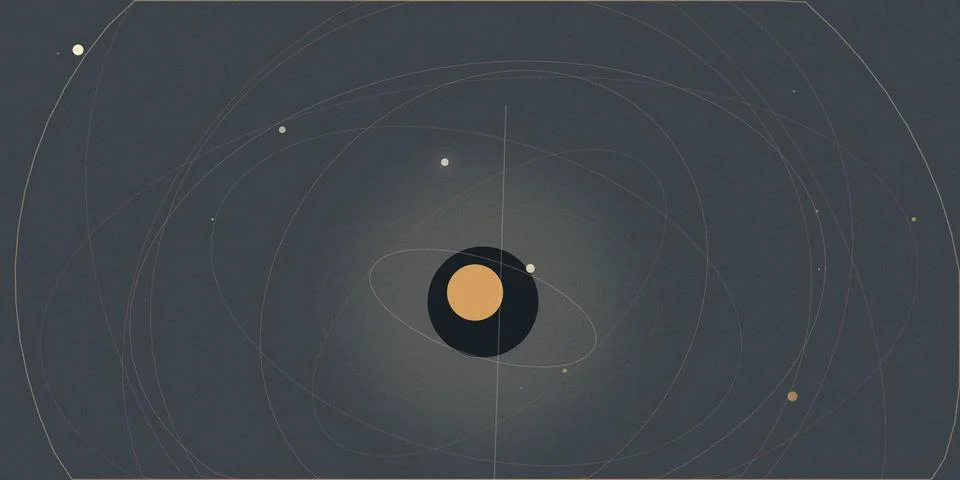 Abstract dark blue space backdrop featuring a golden circular emblem, orbit.. Illustrazione stock