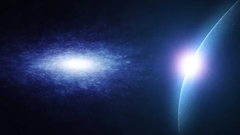 Abstract dark blue space with planet and galaxy light loop animation Stock Footage 341898335