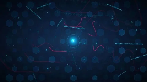 Abstract Dark Blue Technology Background with Digital Data Flow and Hexagonal Stockbeeldmateriaal 341071871