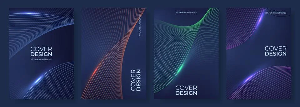 Abstract dark blue vector poster set with glowing wavy lines and fluid curves Stock Illustration