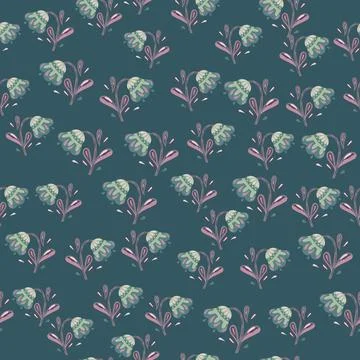 Abstract dark botany seamless pattern with little flowers print. Navy blue ba Stock Illustration